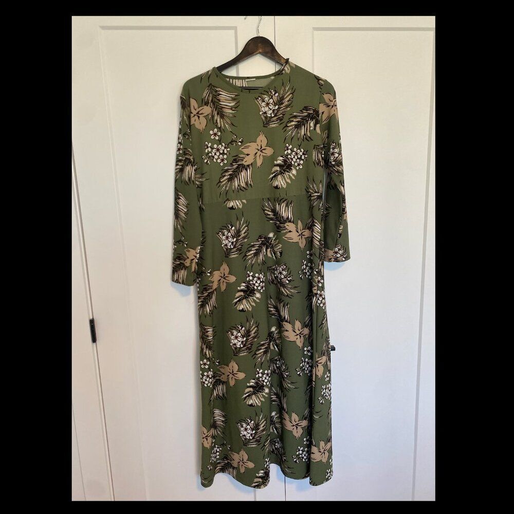 Modest Long Sleeve Maxi Dress With Floral Leaf Print Women's Size 14